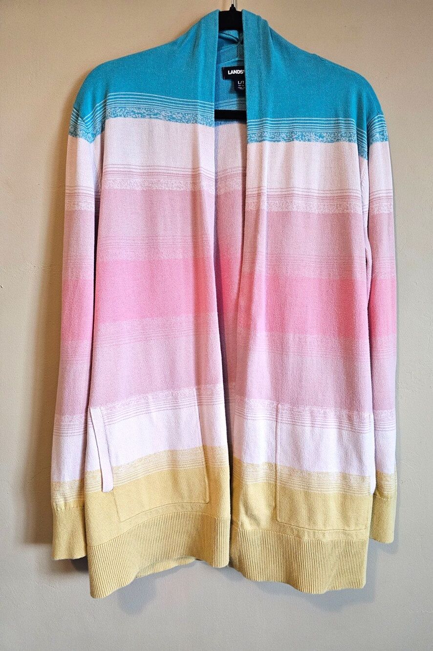 Lands' End Multicolor Stripe Open Front Long Cardigan Sweater Size Lrg Tall